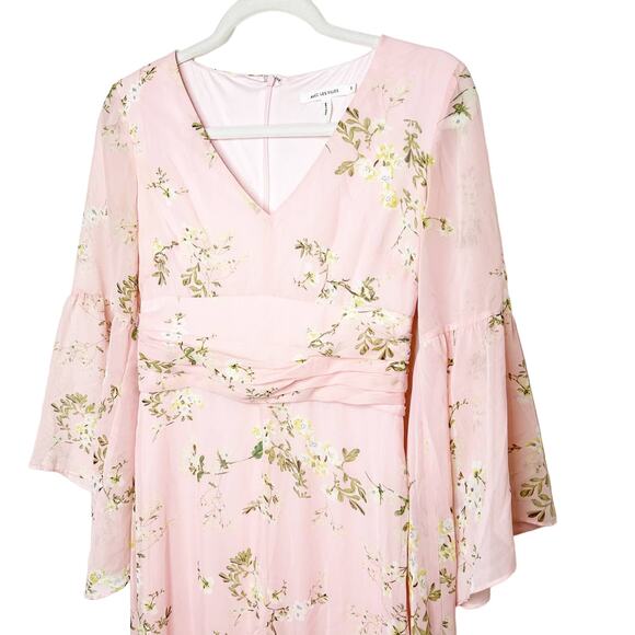 Avec Les Filles NWOT Pink Floral Boho Chiffon Bell Sleeves Maxi Dress Size 2 - Picture 4 of 9